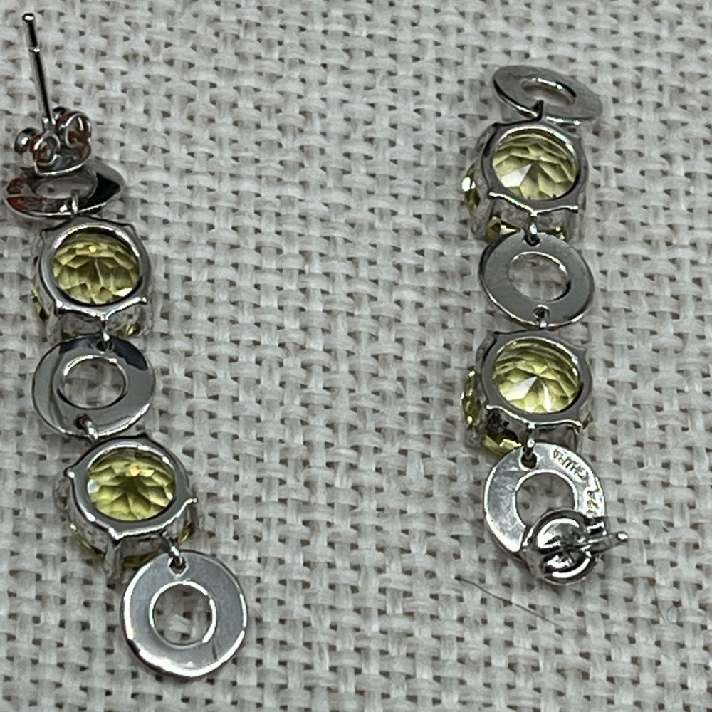 Vintage KN 925 Sterling Silver Yellow-Green Gemstone Dangle Earrings - Picture 3 of 17